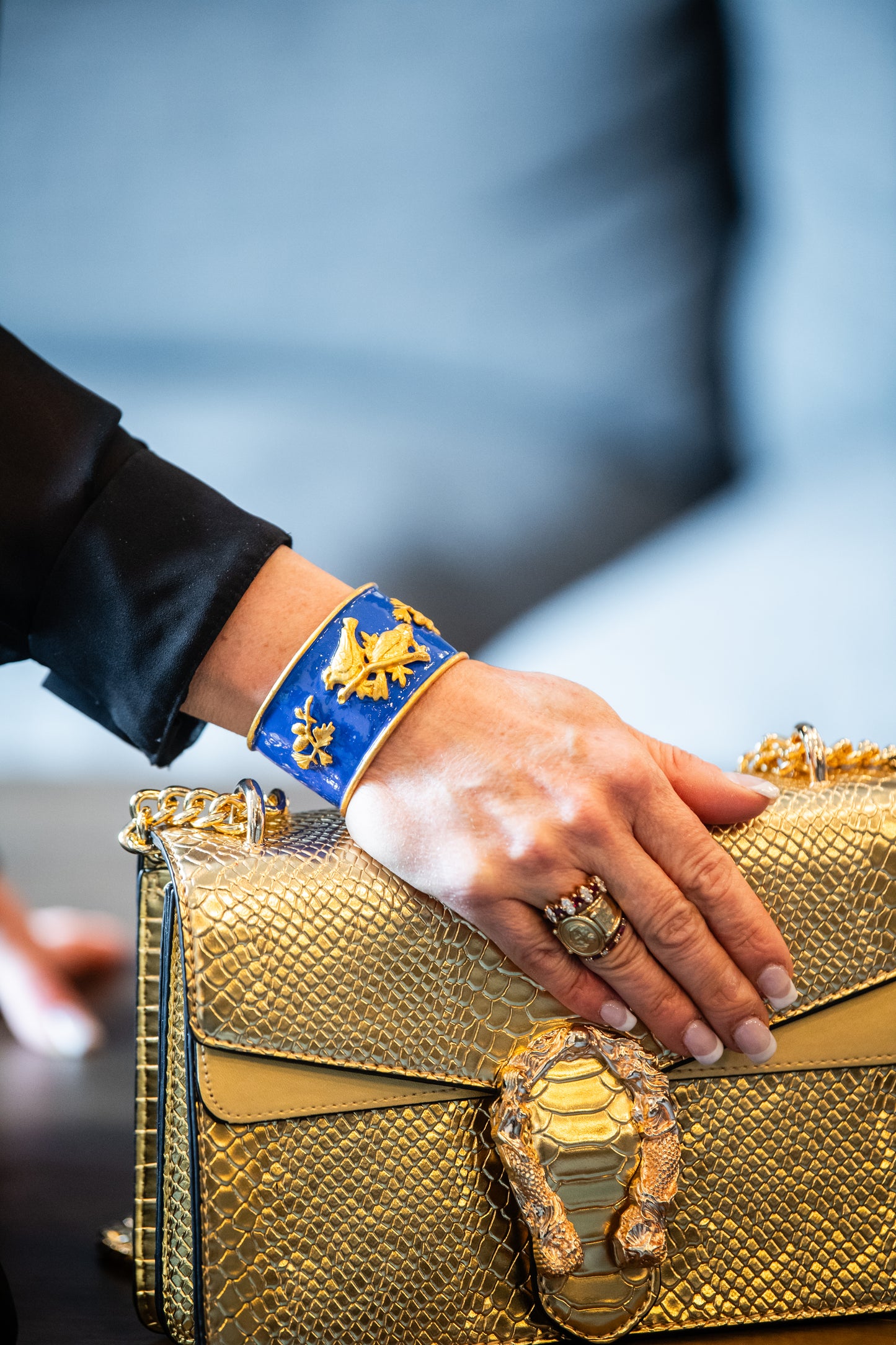 Gold and Cobalt Blue Birds / Branch Cuff Bracelet