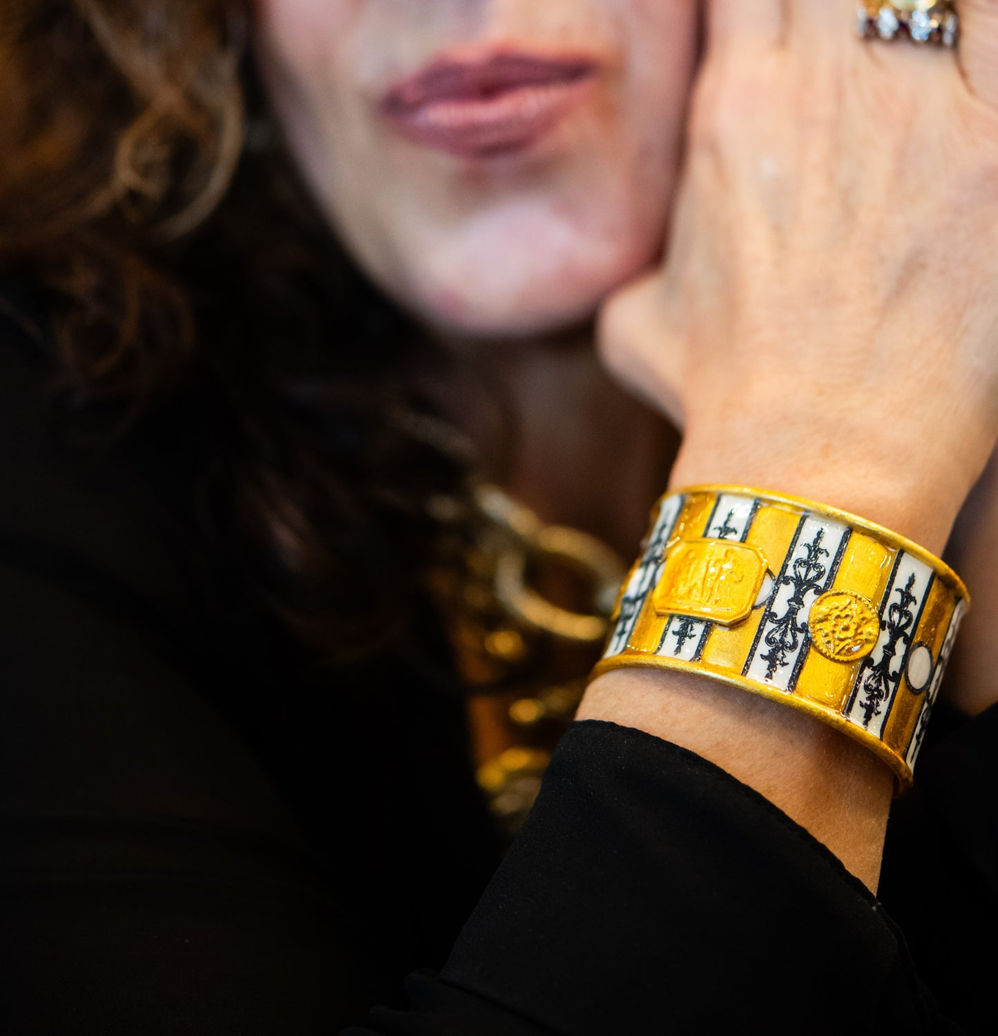 Gold, Black, and White Striped Intaglio Cuff Bracelet