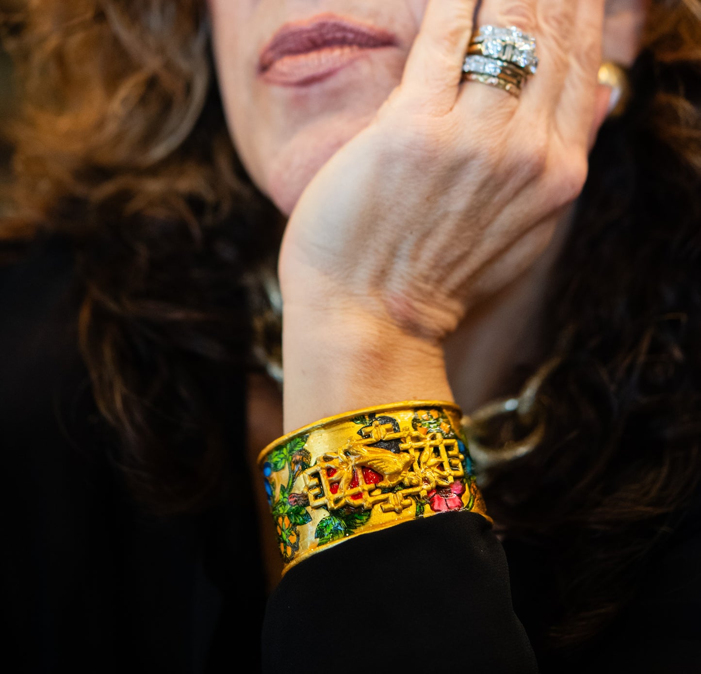 Gold and Multi-Colored Botanical Floral / Bird Cuff Bracelet