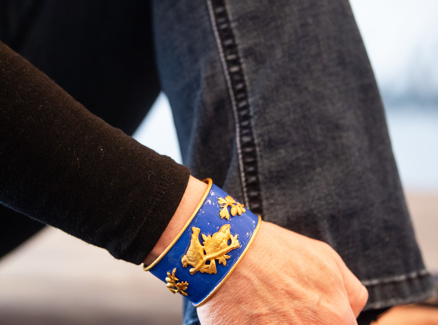 Gold and Cobalt Blue Birds / Branch Cuff Bracelet