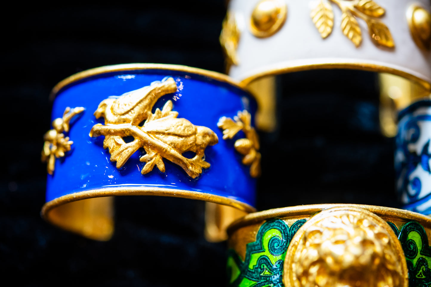 Gold and Cobalt Blue Birds / Branch Cuff Bracelet