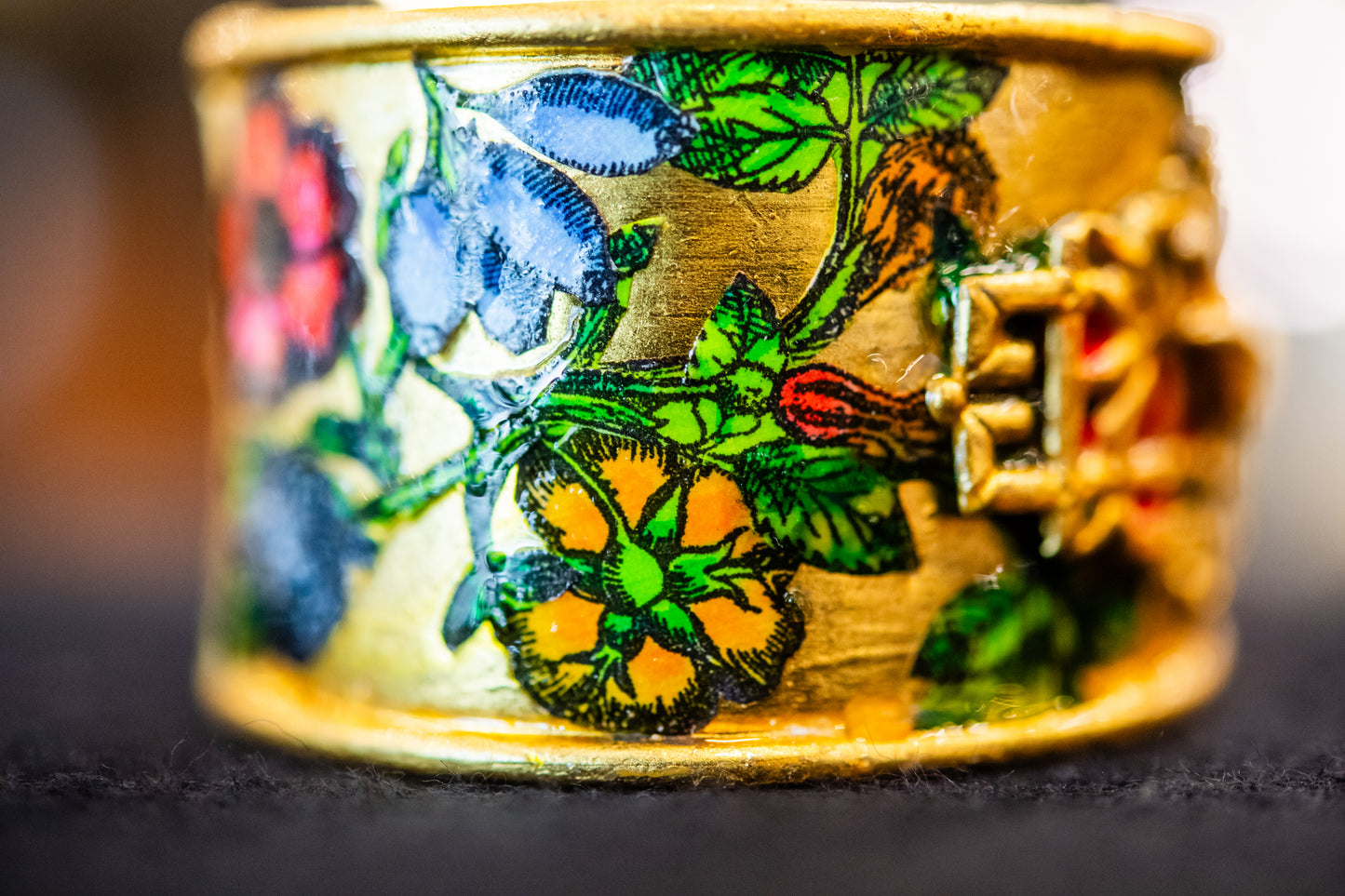 Gold and Multi-Colored Botanical Floral / Bird Cuff Bracelet