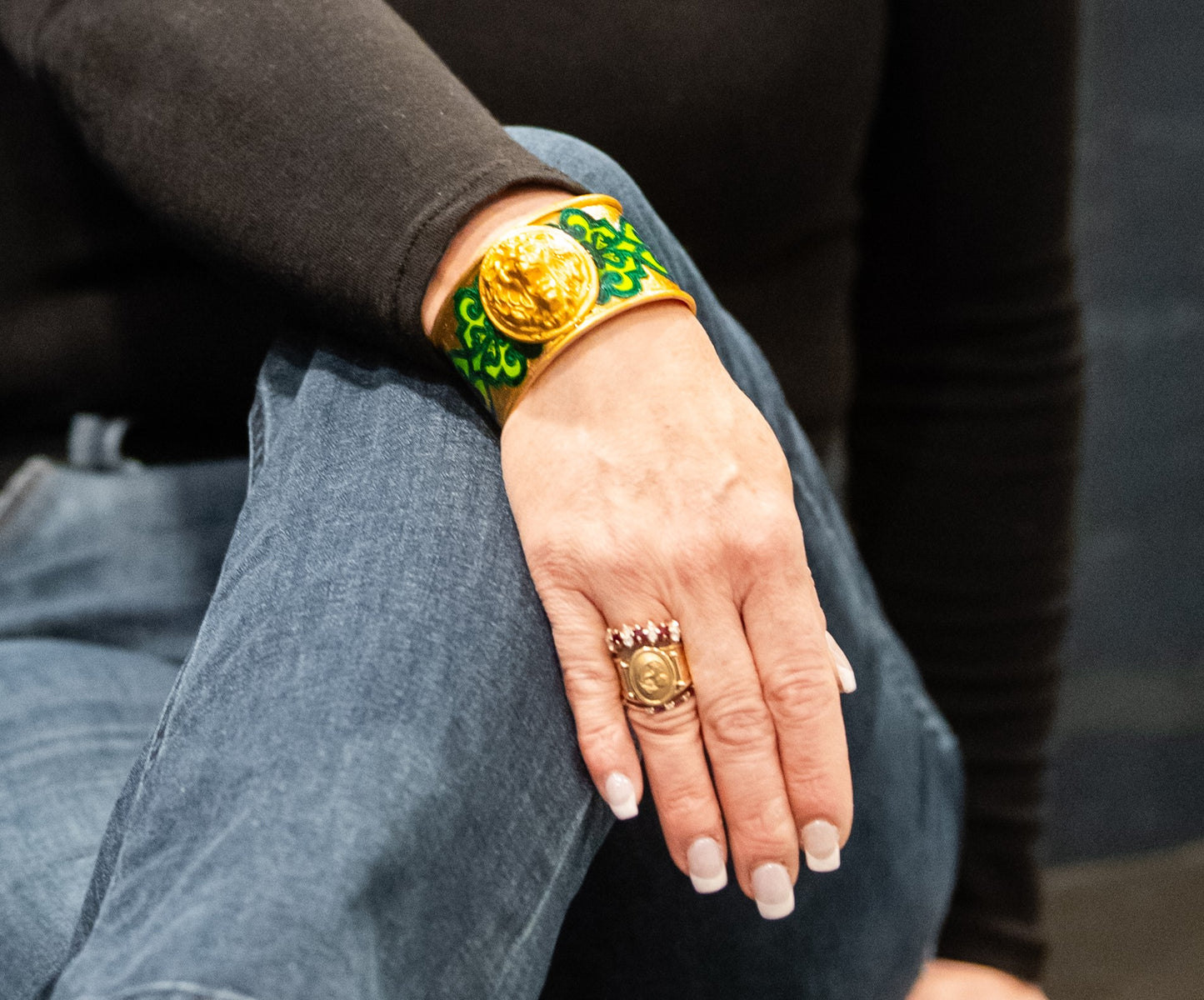 Gold and Emerald Green Lion's Head Cuff Bracelet