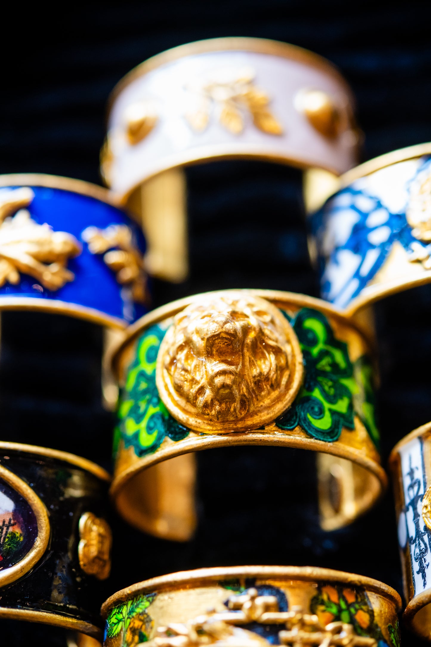 Gold and Emerald Green Lion's Head Cuff Bracelet