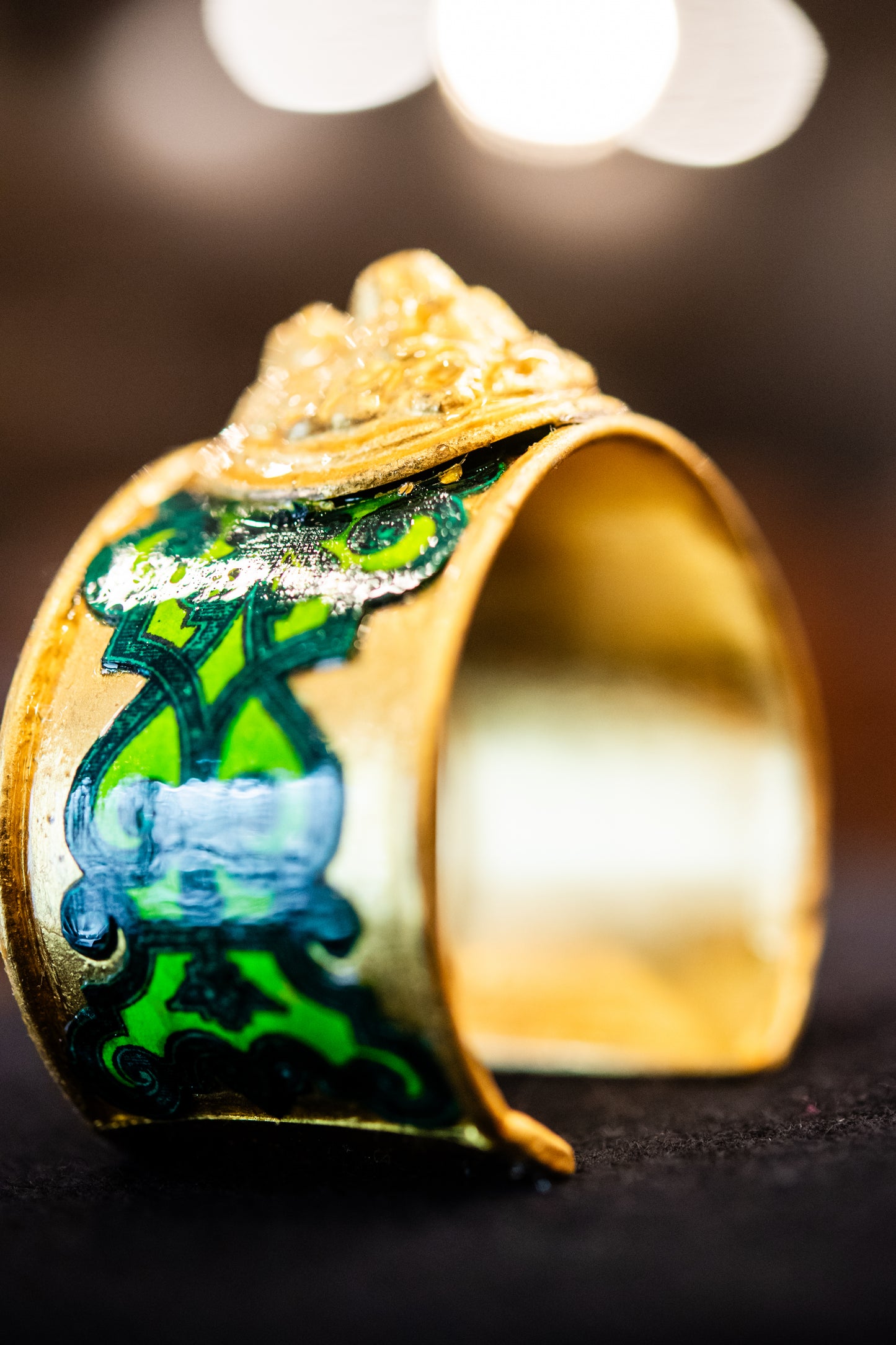 Gold and Emerald Green Lion's Head Cuff Bracelet