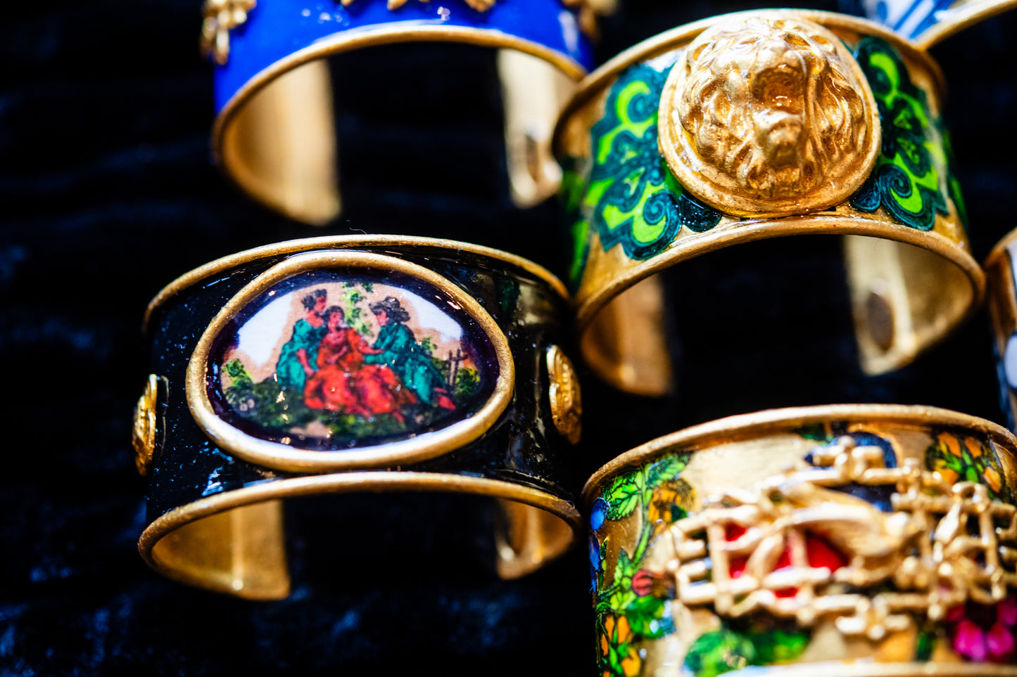 Gold Leaf and Black Toile Cuff Bracelet