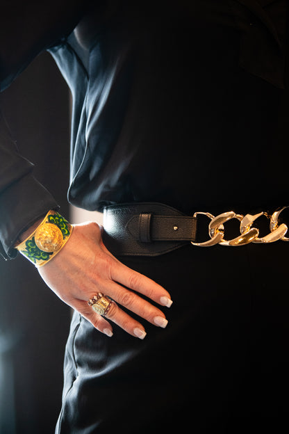 Gold and Emerald Green Lion's Head Cuff Bracelet
