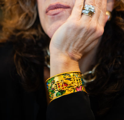 Gold and Multi-Colored Botanical Floral / Bird Cuff Bracelet