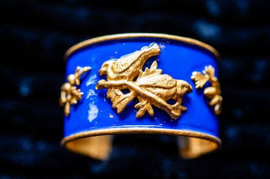 Gold and Cobalt Blue Birds / Branch Cuff Bracelet