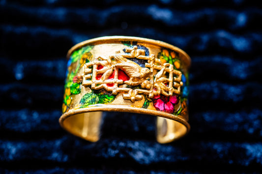 Gold and Multi-Colored Botanical Floral / Bird Cuff Bracelet