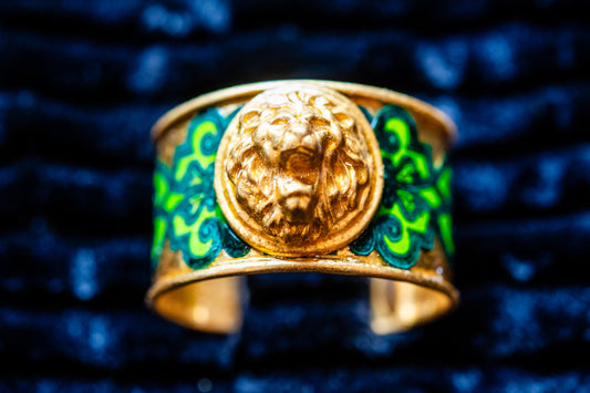 Gold and Emerald Green Lion's Head Cuff Bracelet