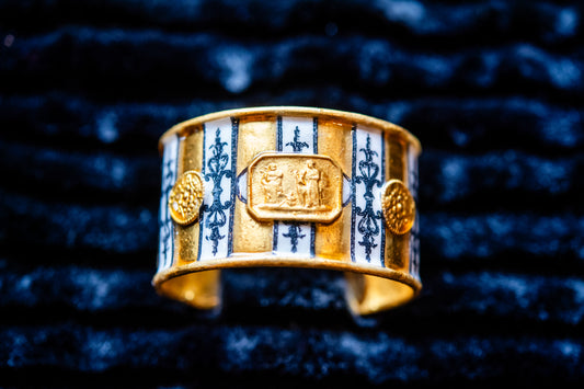 Gold, Black, and White Striped Intaglio Cuff Bracelet