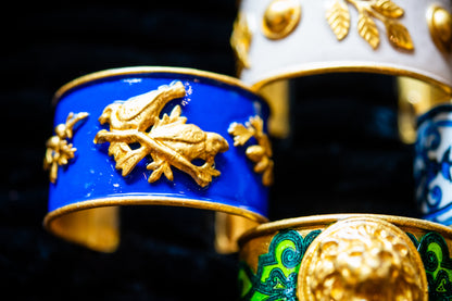 Gold and Cobalt Blue Birds / Branch Cuff Bracelet