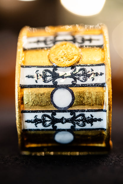 Gold, Black, and White Striped Intaglio Cuff Bracelet