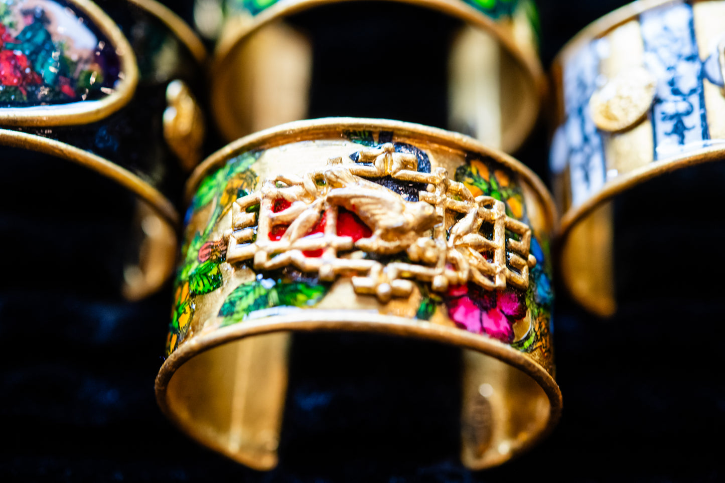 Gold and Multi-Colored Botanical Floral / Bird Cuff Bracelet